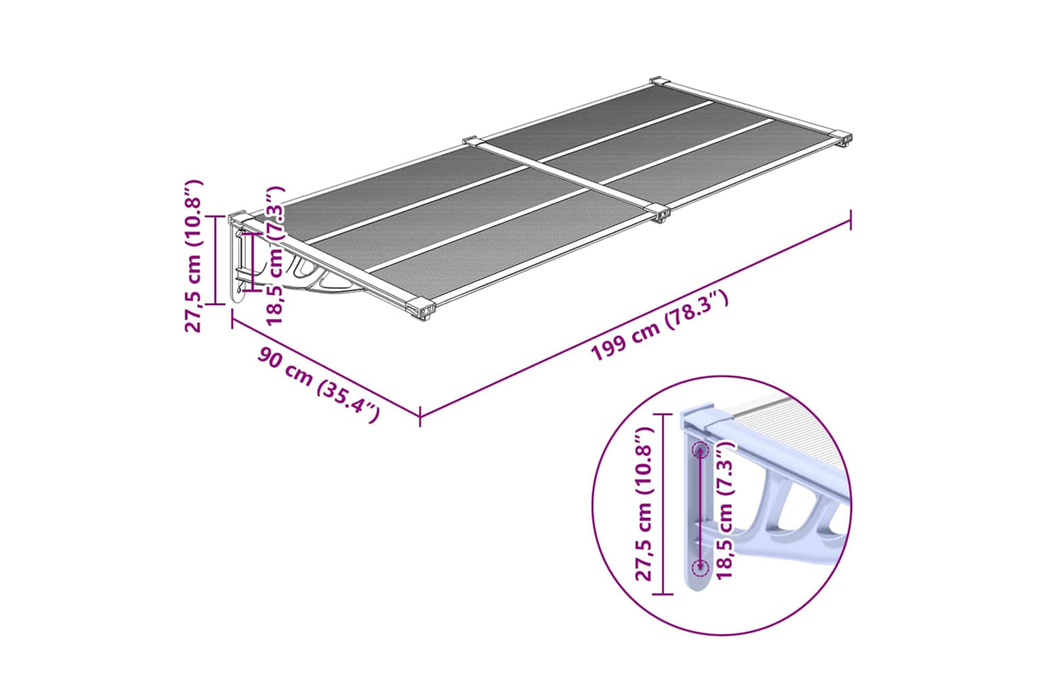 Vidaxl Door Canopy Grey And Transparent 199x90 Cm Polycarbonate-5