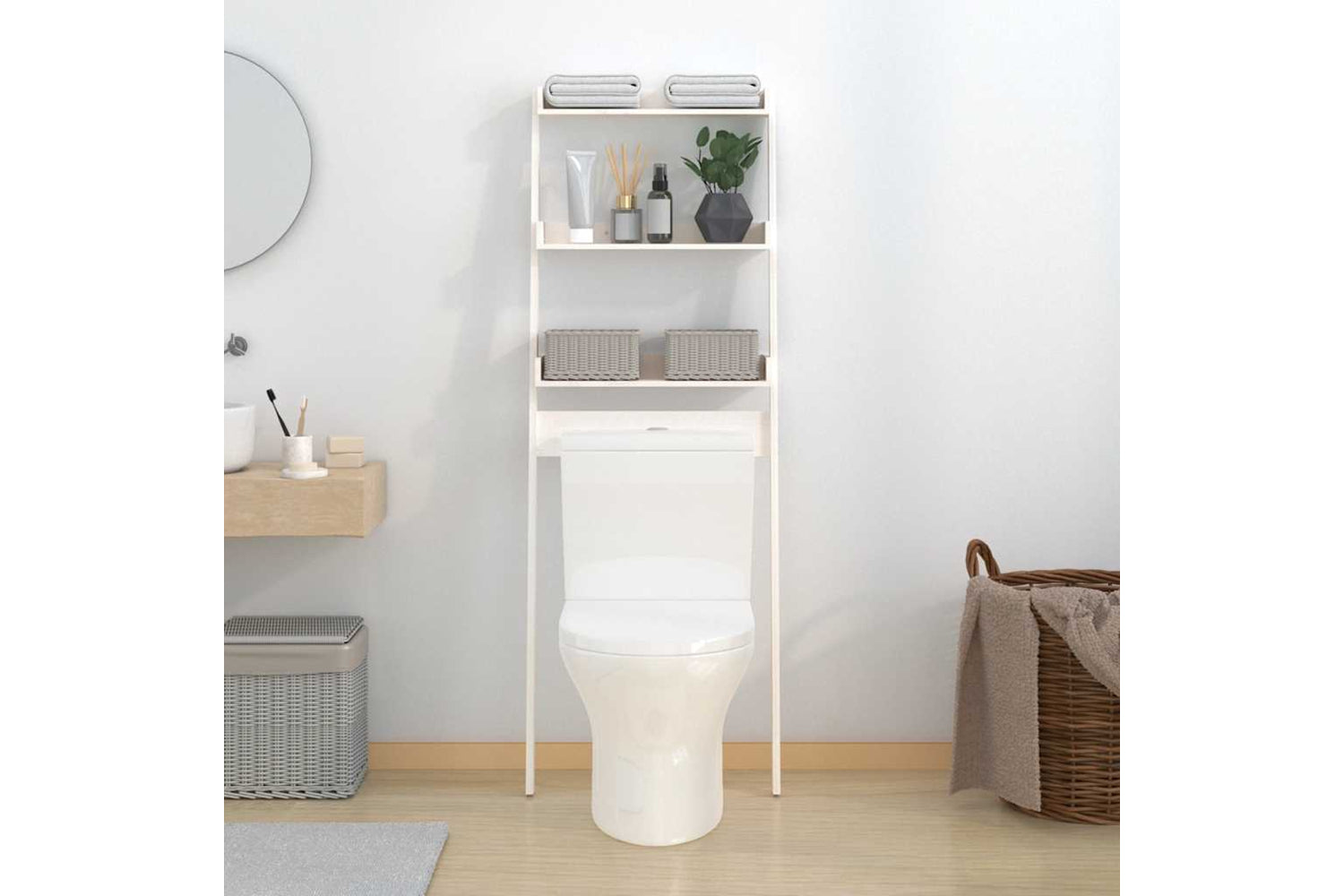 vidaXL 824654 Toilet Rack White 63.5x32x179cm Solid Wood Pine-2