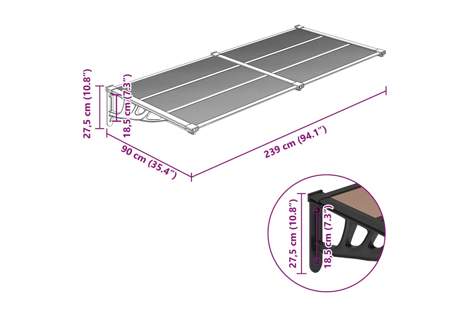 Vidaxl Door Canopy Black 239x90 Cm Polycarbonate-5