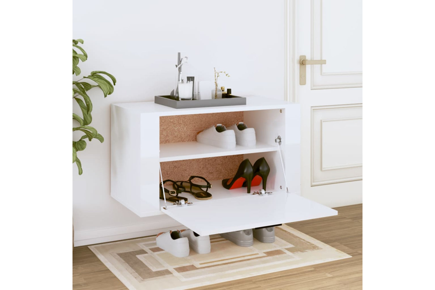vidaXL 821014 Wall-mounted Shoe Cabinet High Gloss White 70x35x38cm Engineered Wood-2