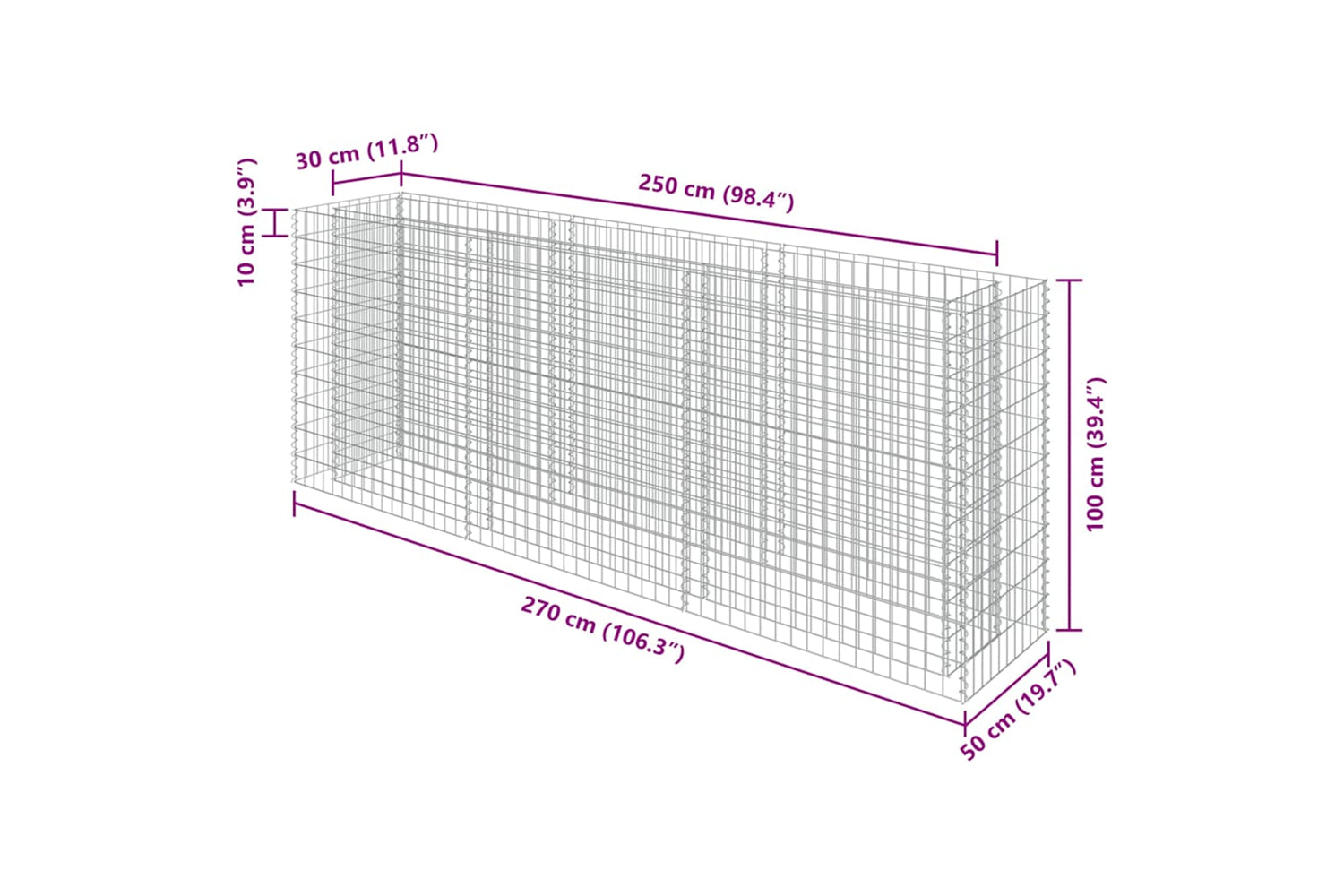 vidaXL 143562 Gabion Raised Bed Galvanised Steel 270x50x100cm-7