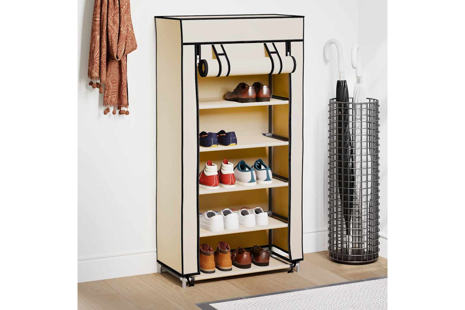 vidaXL 282429 Shoe Cabinet With Cover Cream 58x28x106cm Fabric-2