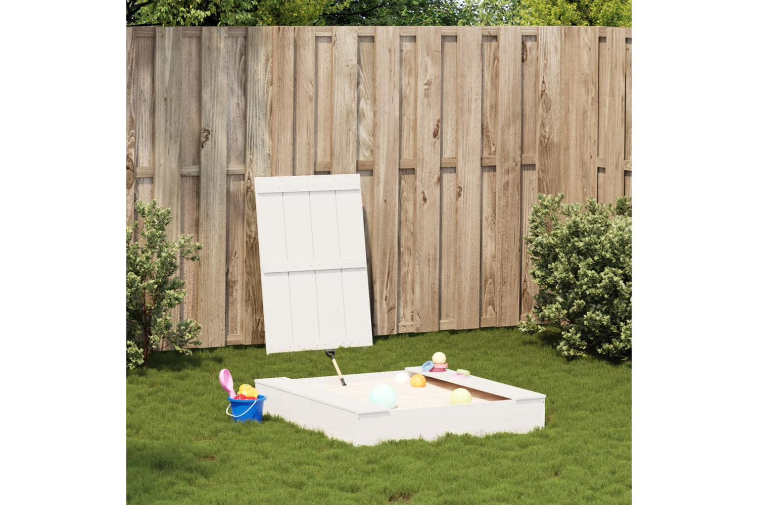 vidaXL 832607 Sandpit With Cover White 111x111x19.5cm Solid Wood Pine-2
