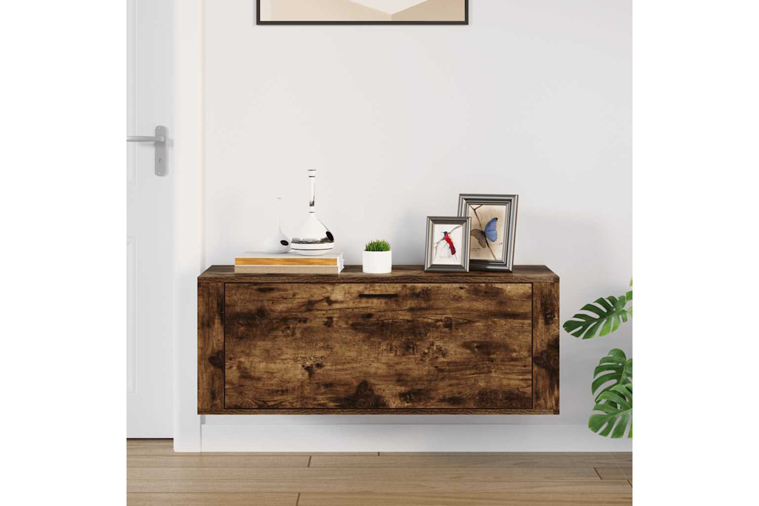 vidaXL 821025 Wall Shoe Cabinet Smoked Oak 100x35x38cm Engineered Wood-2