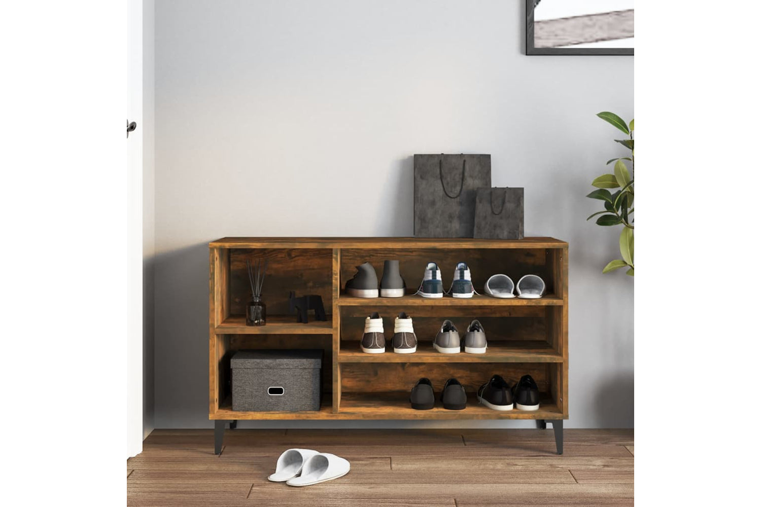 vidaXL 819753 Shoe Cabinet Smoked Oak 102x36x60cm Engineered Wood-2