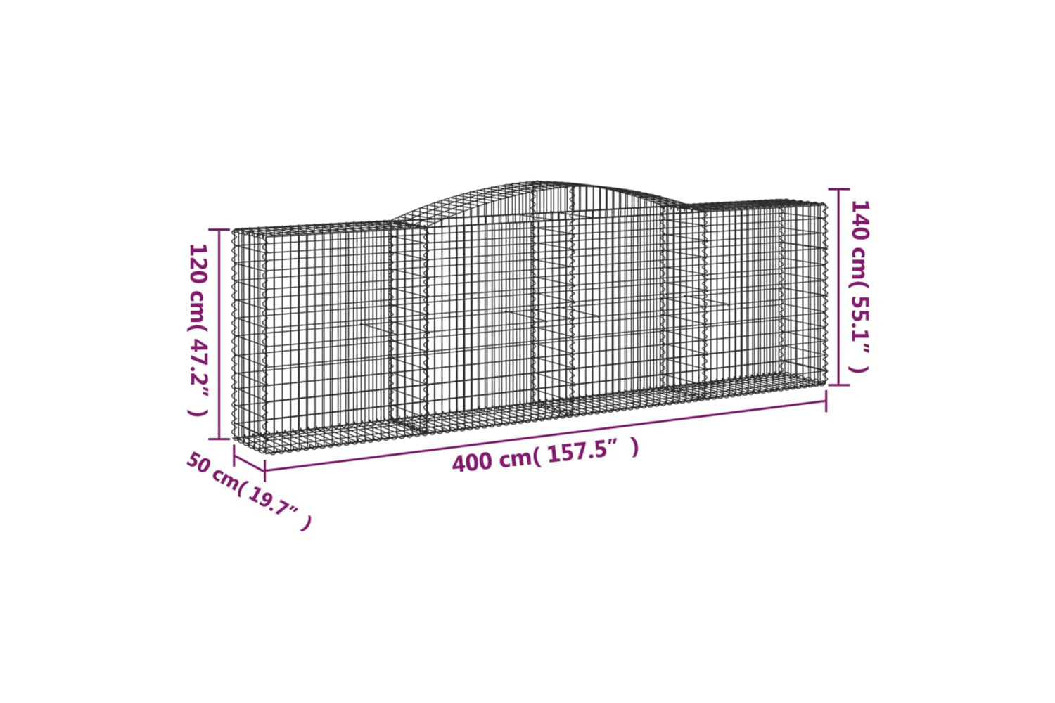 vidaXL 3147010 Arched Gabion Baskets 3 Pcs 400x50x120/140cm Galvanised Iron-5