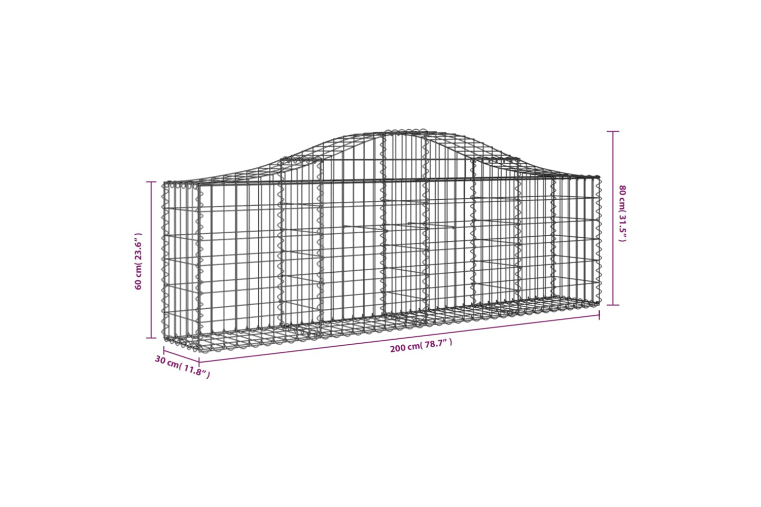 vidaXL 3145390 Arched Gabion Baskets 4 Pcs 200x30x60/80cm Galvanised Iron-5