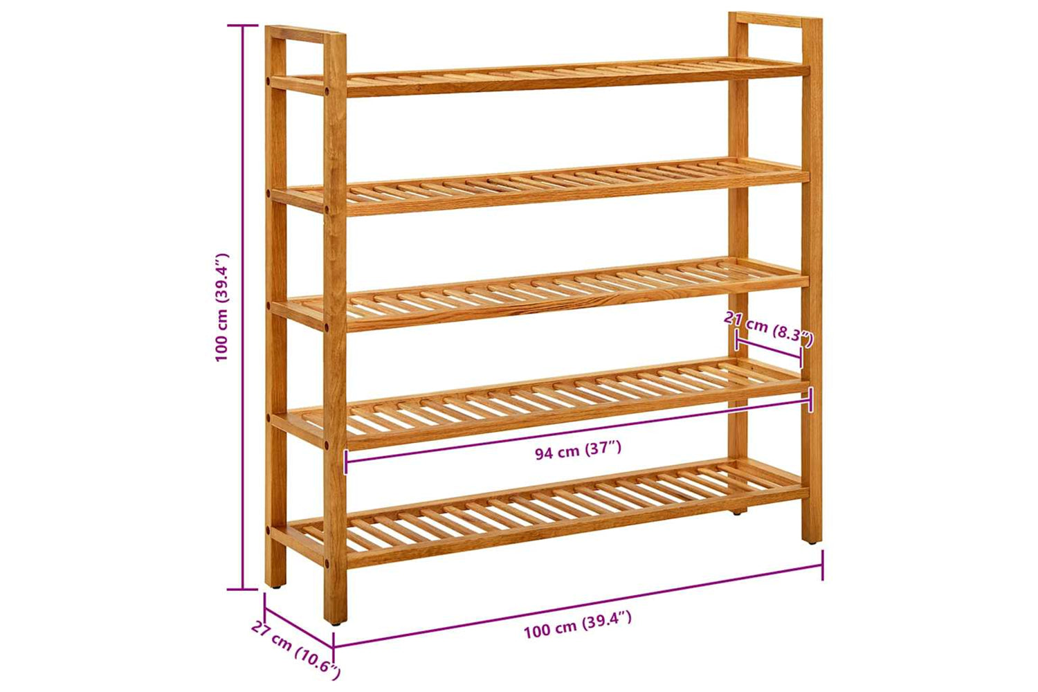 vidaXL 331751 Shoe Rack With 5 Shelves 100x27x100cm Solid Oak Wood-6