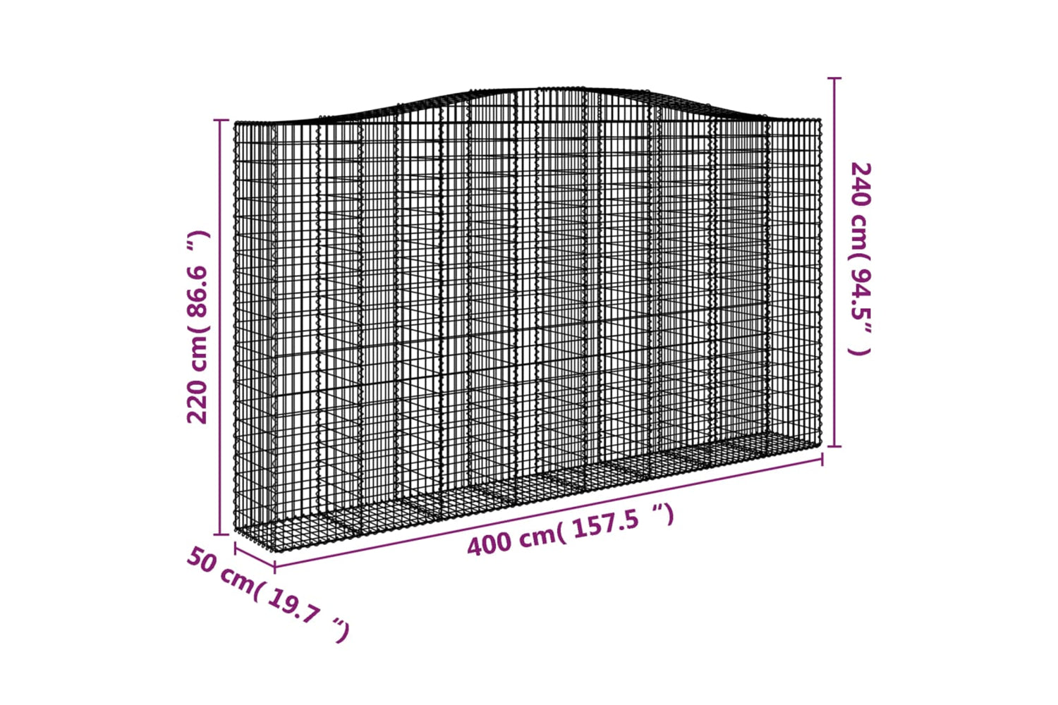 vidaXL 3146034 Arched Gabion Baskets 2 Pcs 400x50x220/240cm Galvanised Iron-5