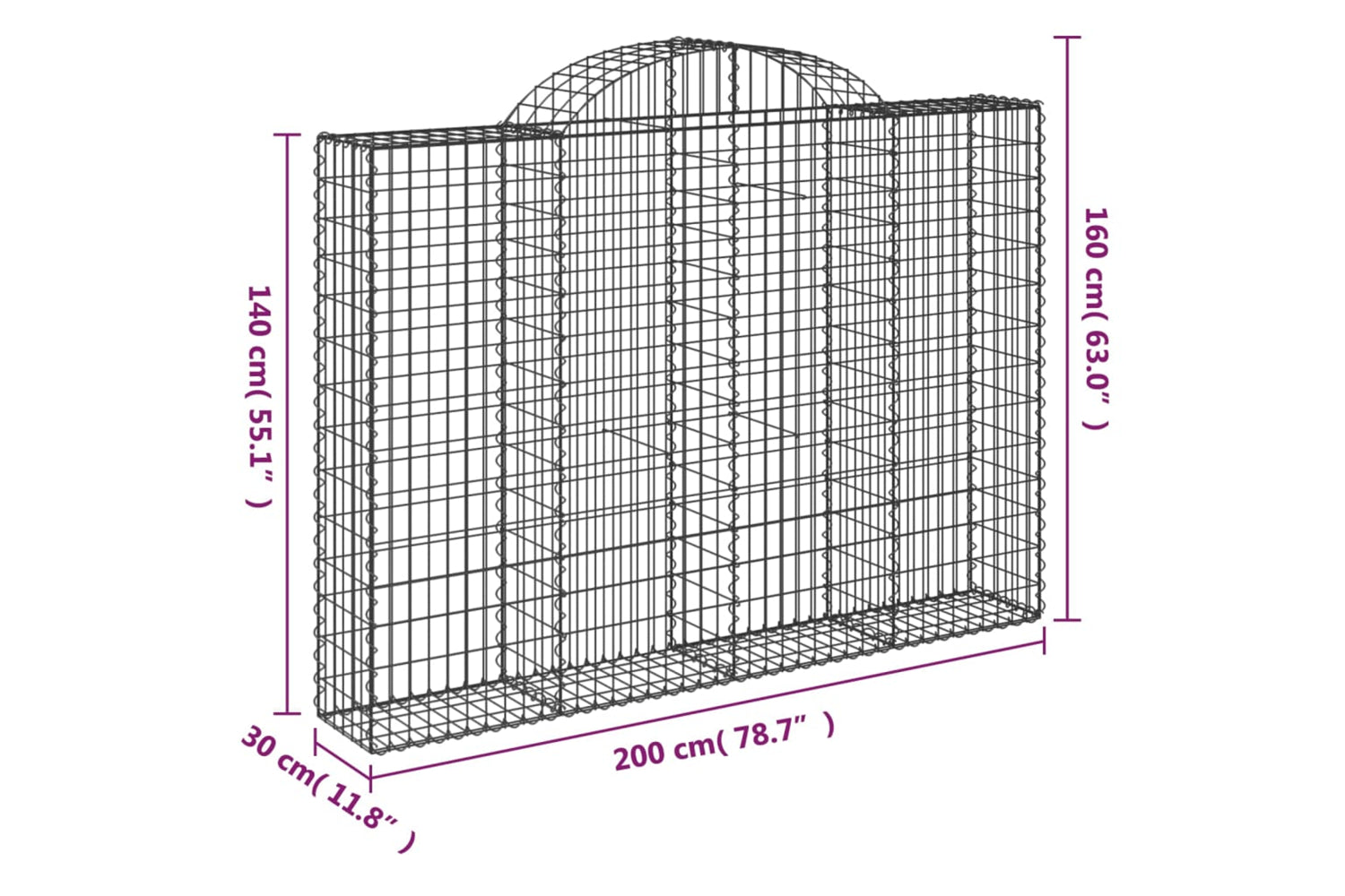 vidaXL 3146153 Arched Gabion Baskets 3 Pcs 200x30x140/160cm Galvanised Iron-5