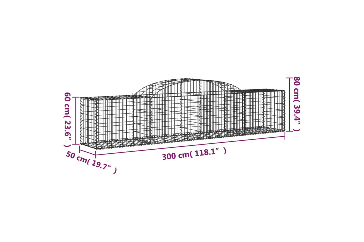 vidaXL 153513 Arched Gabion Basket 300x50x60/80cm Galvanised Iron-4