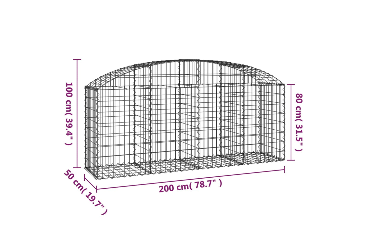 vidaXL 153474 Arched Gabion Basket 200x50x80/100cm Galvanised Iron-4