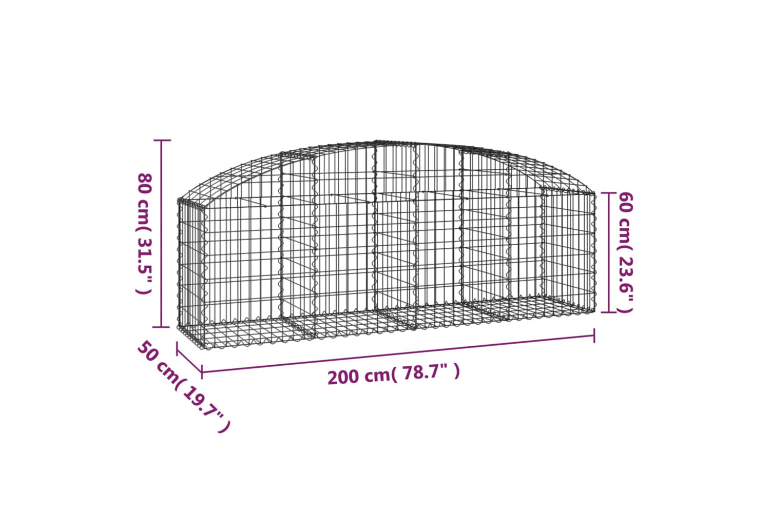 vidaXL 153473 Arched Gabion Basket 200x50x60/80cm Galvanised Iron-4