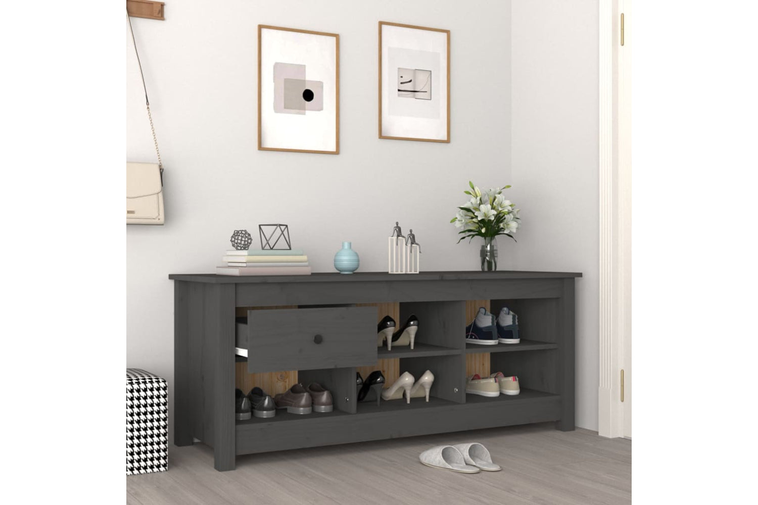 vidaXL 814596 Shoe Cabinet Grey 110x38x45.5cm Solid Wood Pine-5