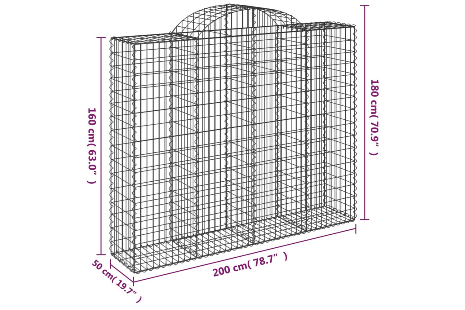 vidaXL 3146384 Arched Gabion Baskets 3 Pcs 200x50x160/180cm Galvanised Iron-5
