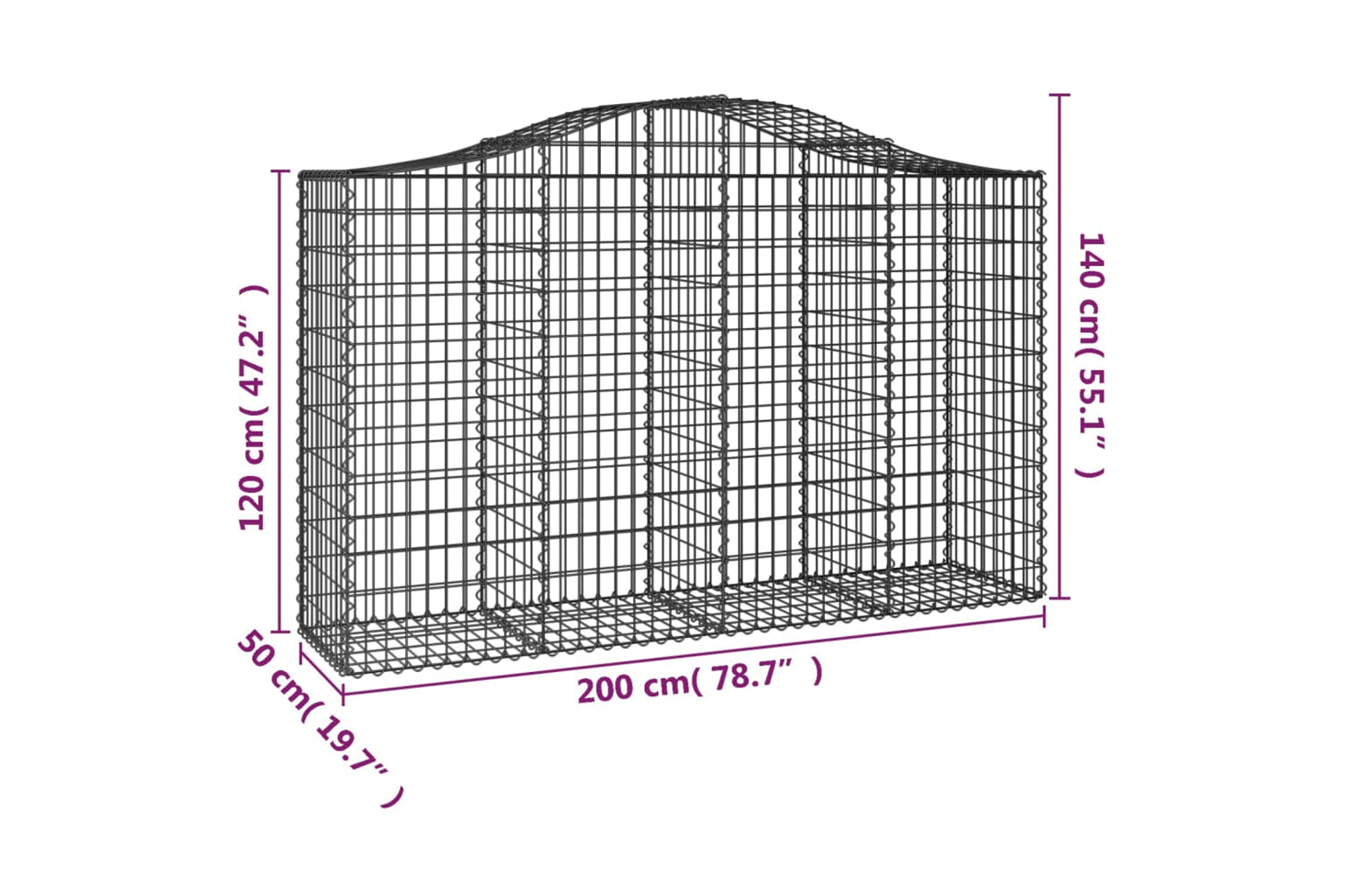 vidaXL 3145668 Arched Gabion Baskets 9 Pcs 200x50x120/140cm Galvanised Iron-5