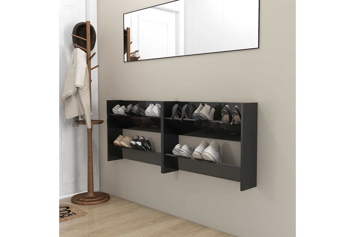 vidaXL 806756 Wall Shoe Cabinets 2 Pcs High Gloss Black 80x18x60cm Engineered Wood-2