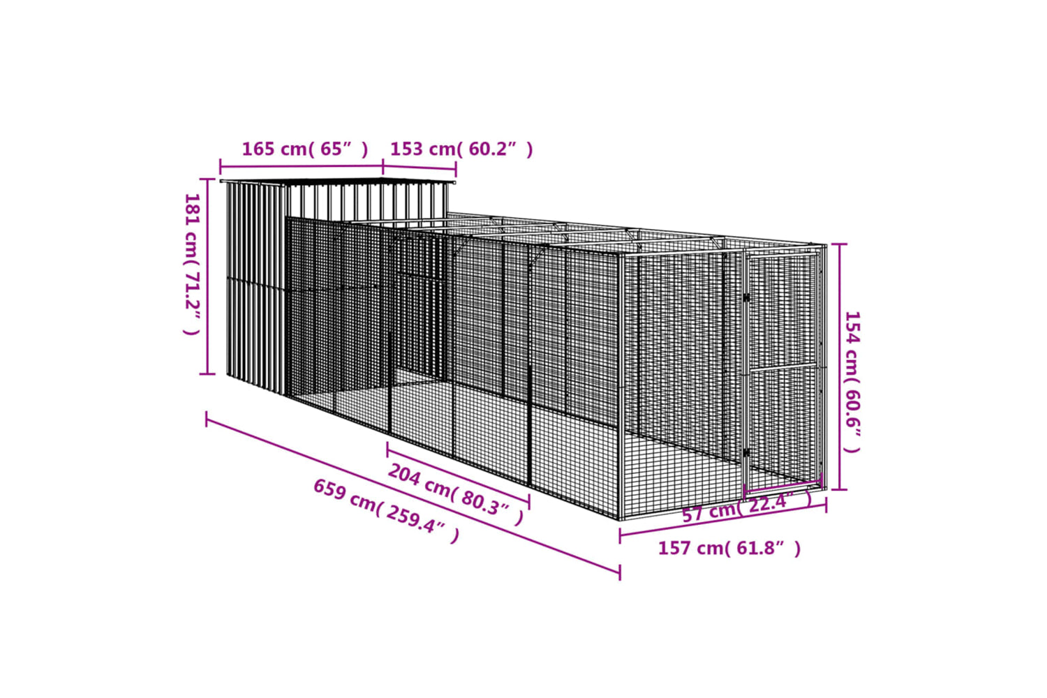 vidaXL 3189105 Dog House With Run Light Grey 165x659x181cm Galvanised Steel-7