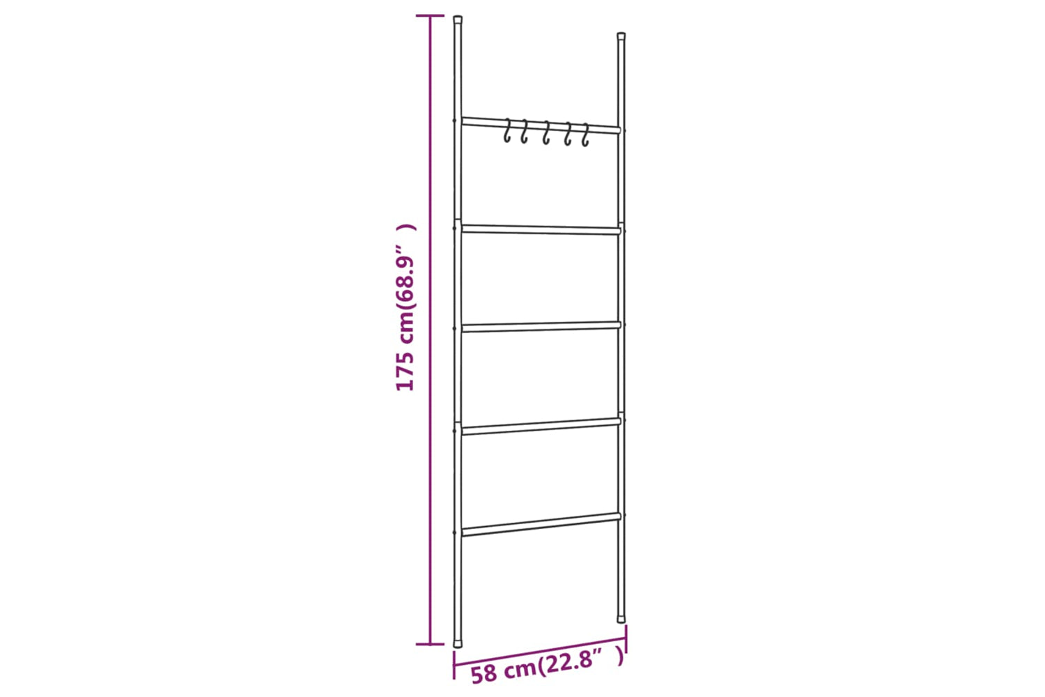 vidaXL 343114 Towel Rack Ladder With 5 Tiers Black 58x175cm Iron-5