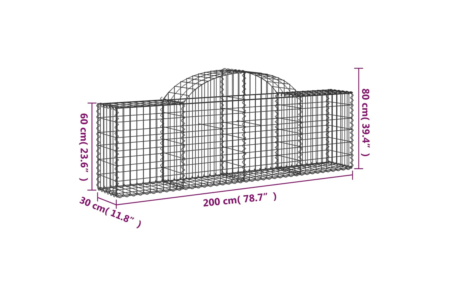 vidaXL 153483 Arched Gabion Basket 200x30x60/80cm Galvanised Iron-4