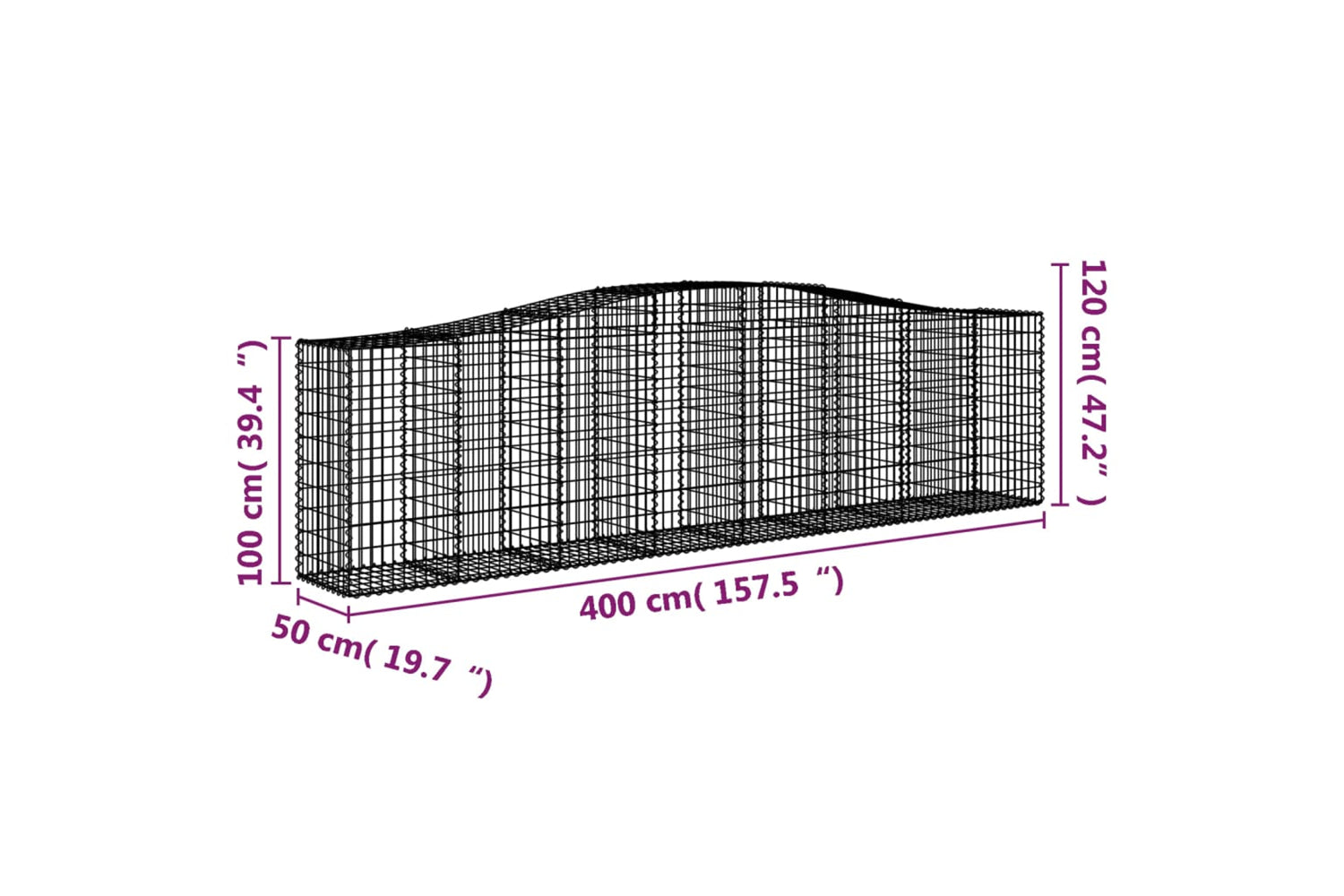 vidaXL 3145958 Arched Gabion Baskets 4 Pcs 400x50x100/120cm Galvanised Iron-5