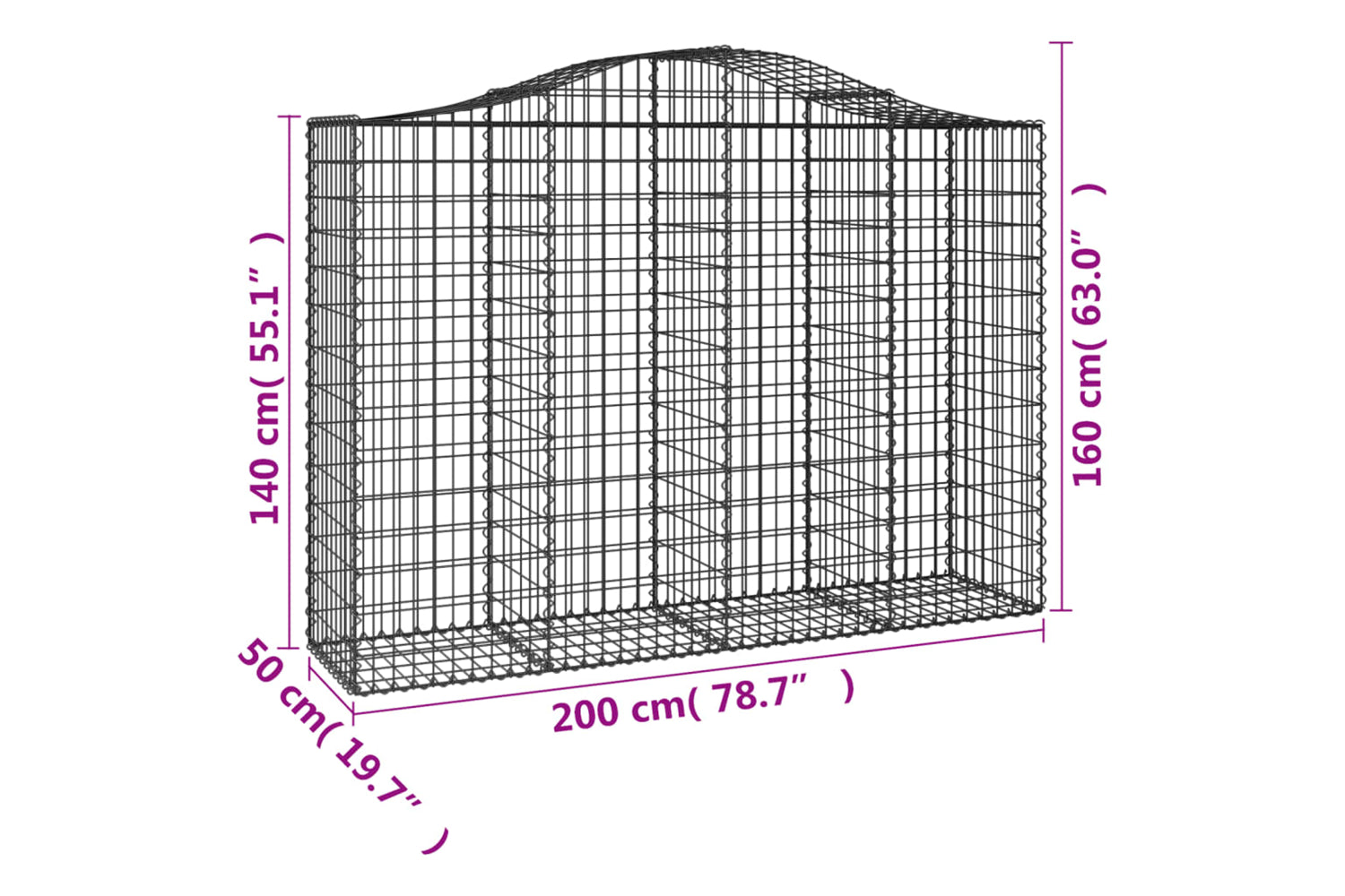 vidaXL 3145683 Arched Gabion Baskets 3 Pcs 200x50x140/160cm Galvanised Iron-5
