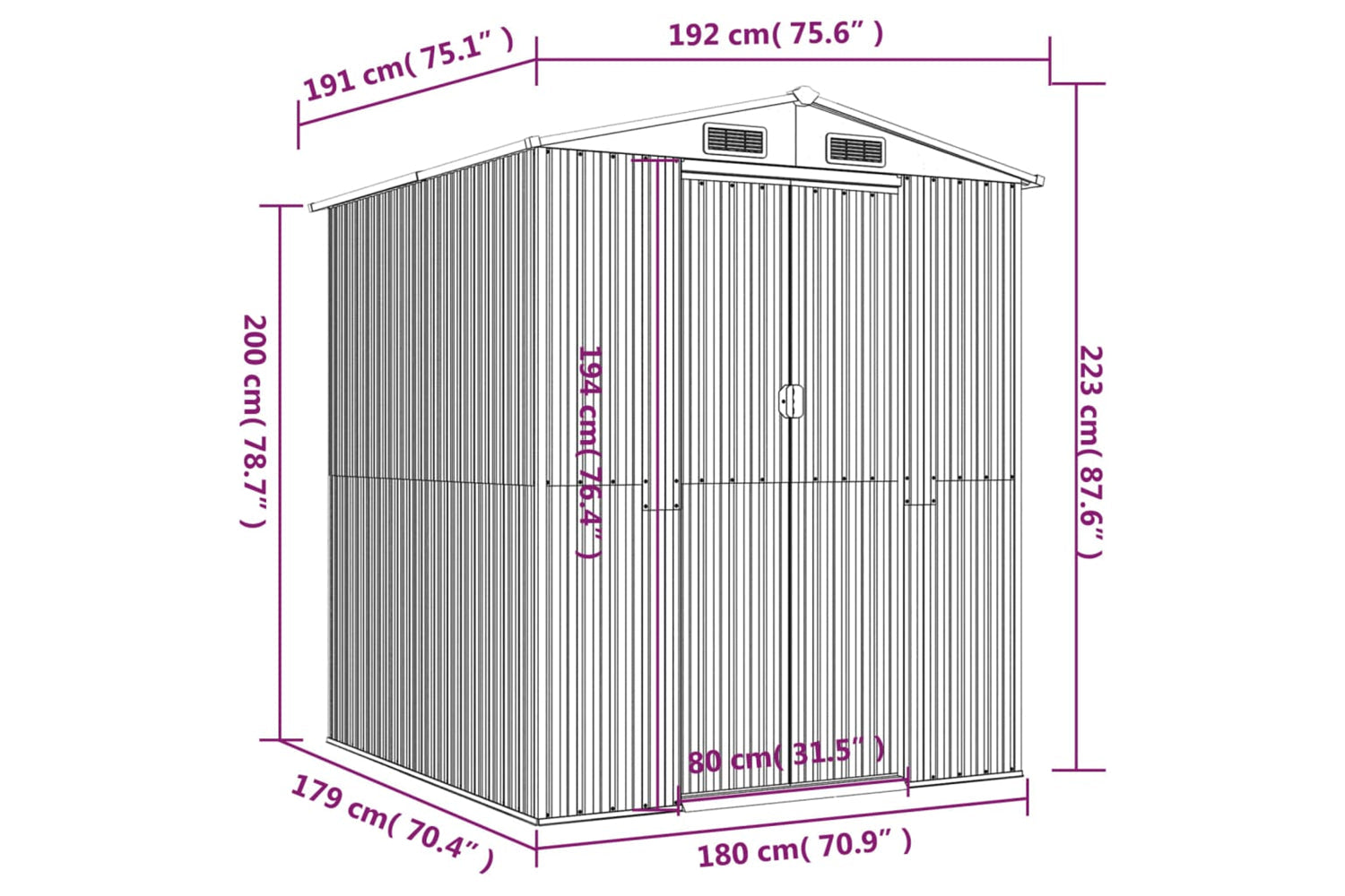 vidaXL 3147438 Garden Shed Light Grey 192x191x223cm Galvanised Steel-7