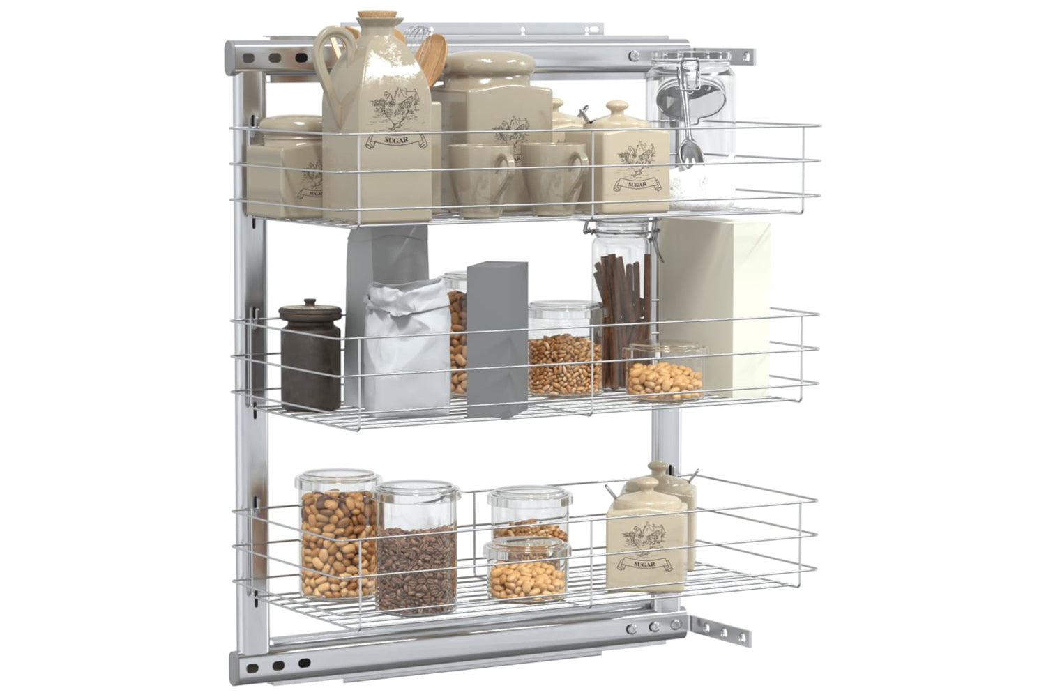 vidaXL 50969 3-tier Pull-out Kitchen Wire Basket Silver 47x25x56cm-2