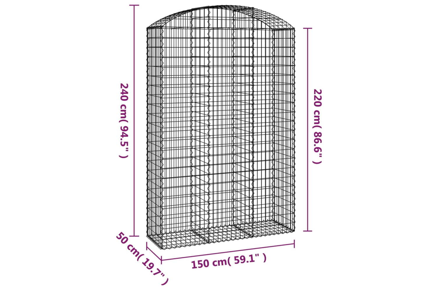vidaXL 153461 Arched Gabion Basket 150x50x220/240cm Galvanised Iron-4