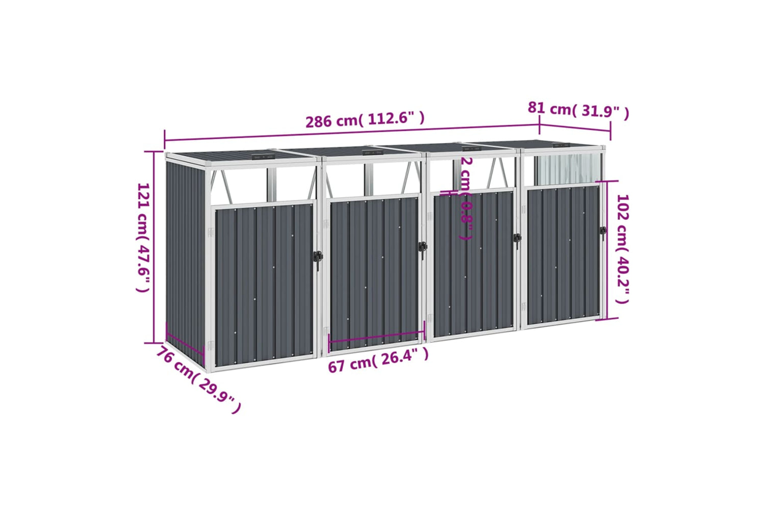 vidaXL Quadruple Garbage Bin Shed Grey 286x81x121cm Steel-5