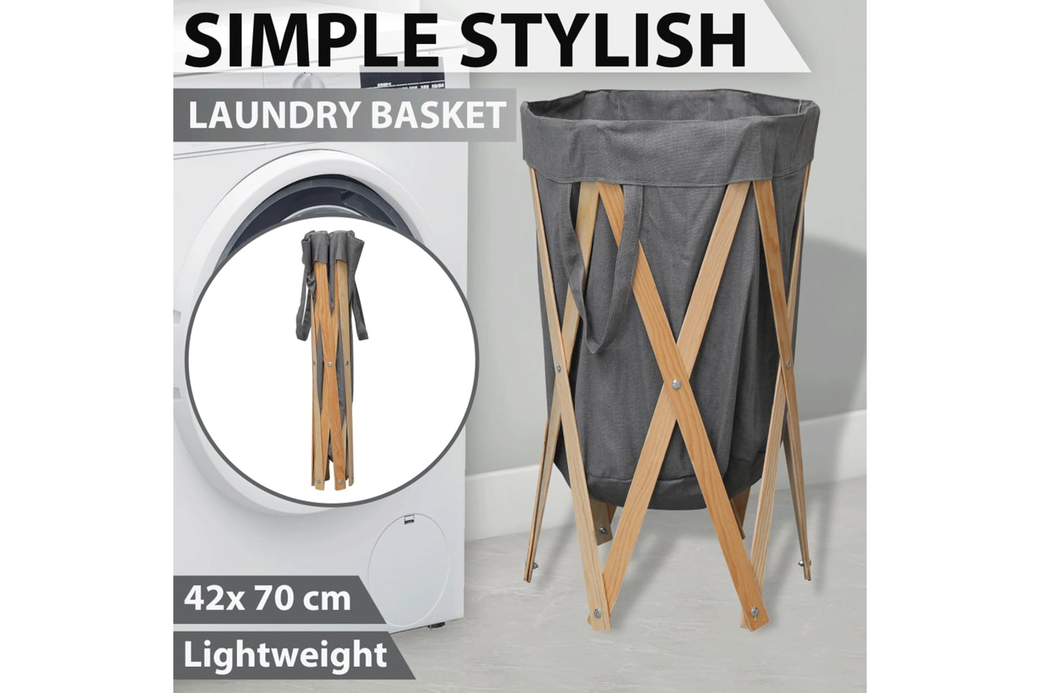 Vidaxl 284228 Folding Laundry Basket Grey Wood And Fabric-8