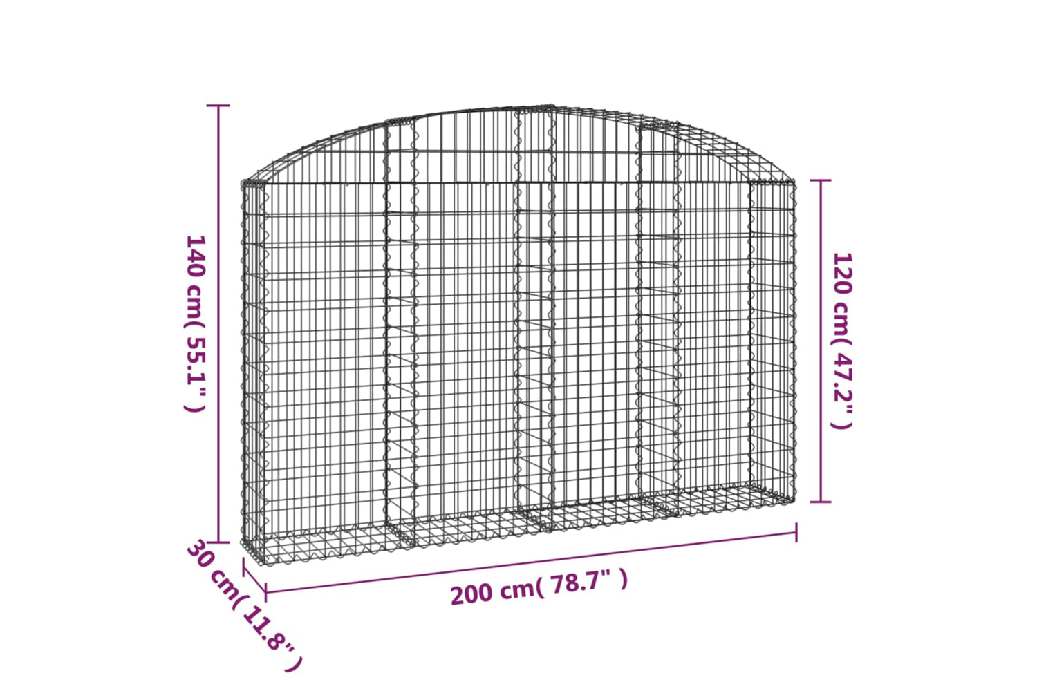 vidaXL 153466 Arched Gabion Basket 200x30x120/140cm Galvanised Iron-4