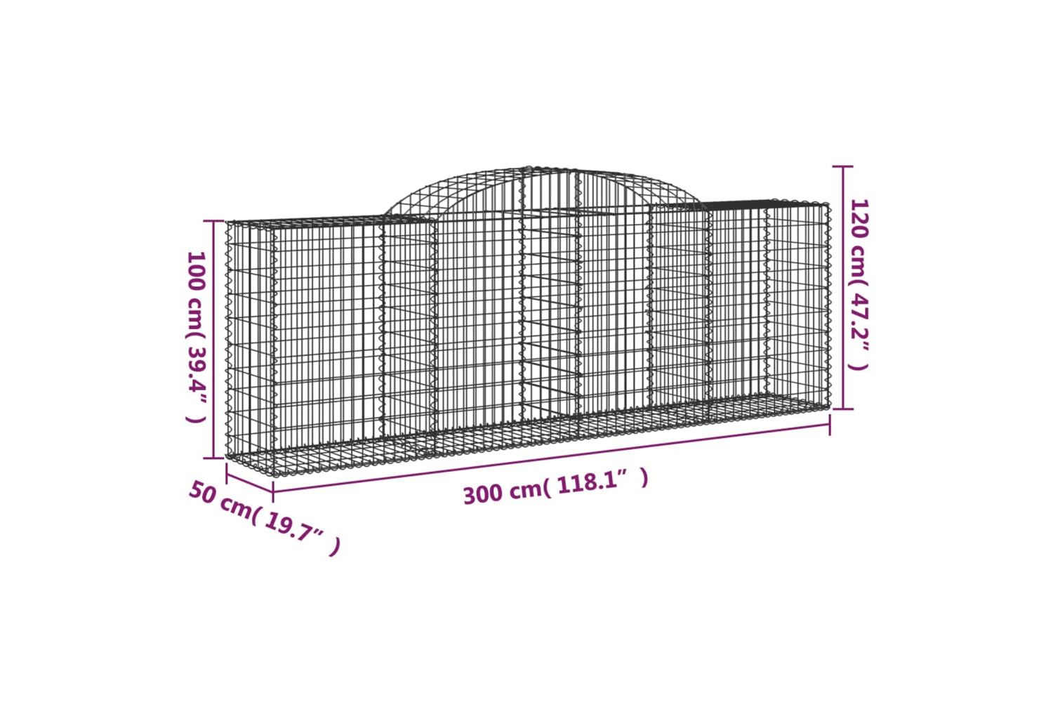 vidaXL 153515 Arched Gabion Basket 300x50x100/120cm Galvanised Iron-4