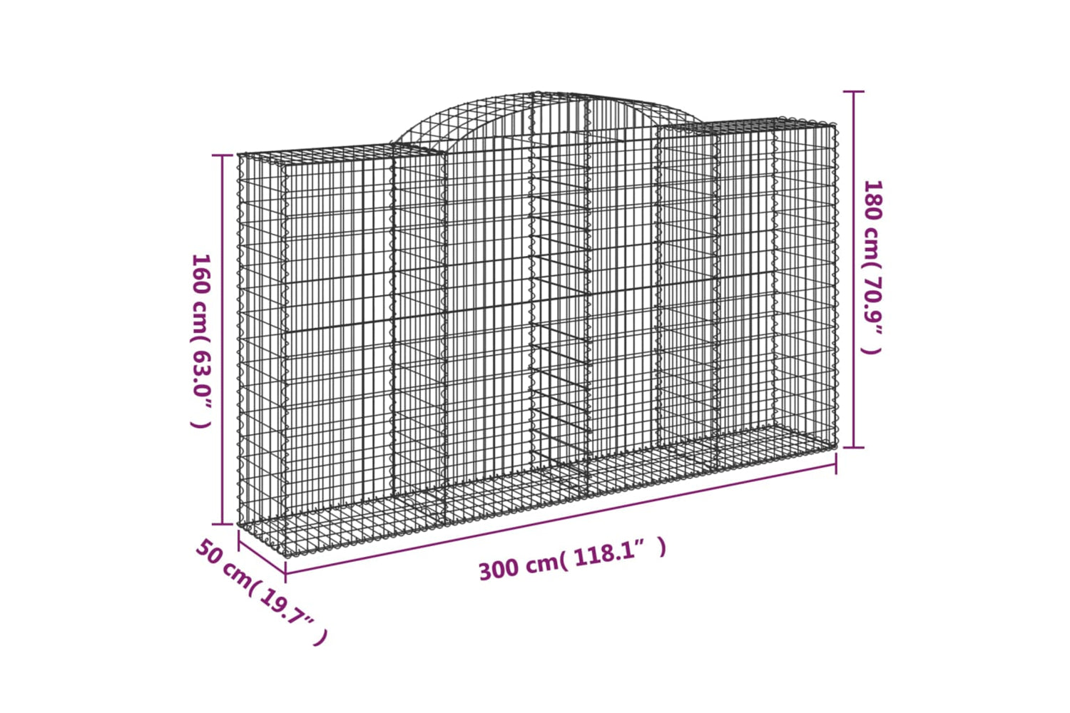 vidaXL 3146755 Arched Gabion Baskets 2 Pcs 300x50x160/180cm Galvanised Iron-5