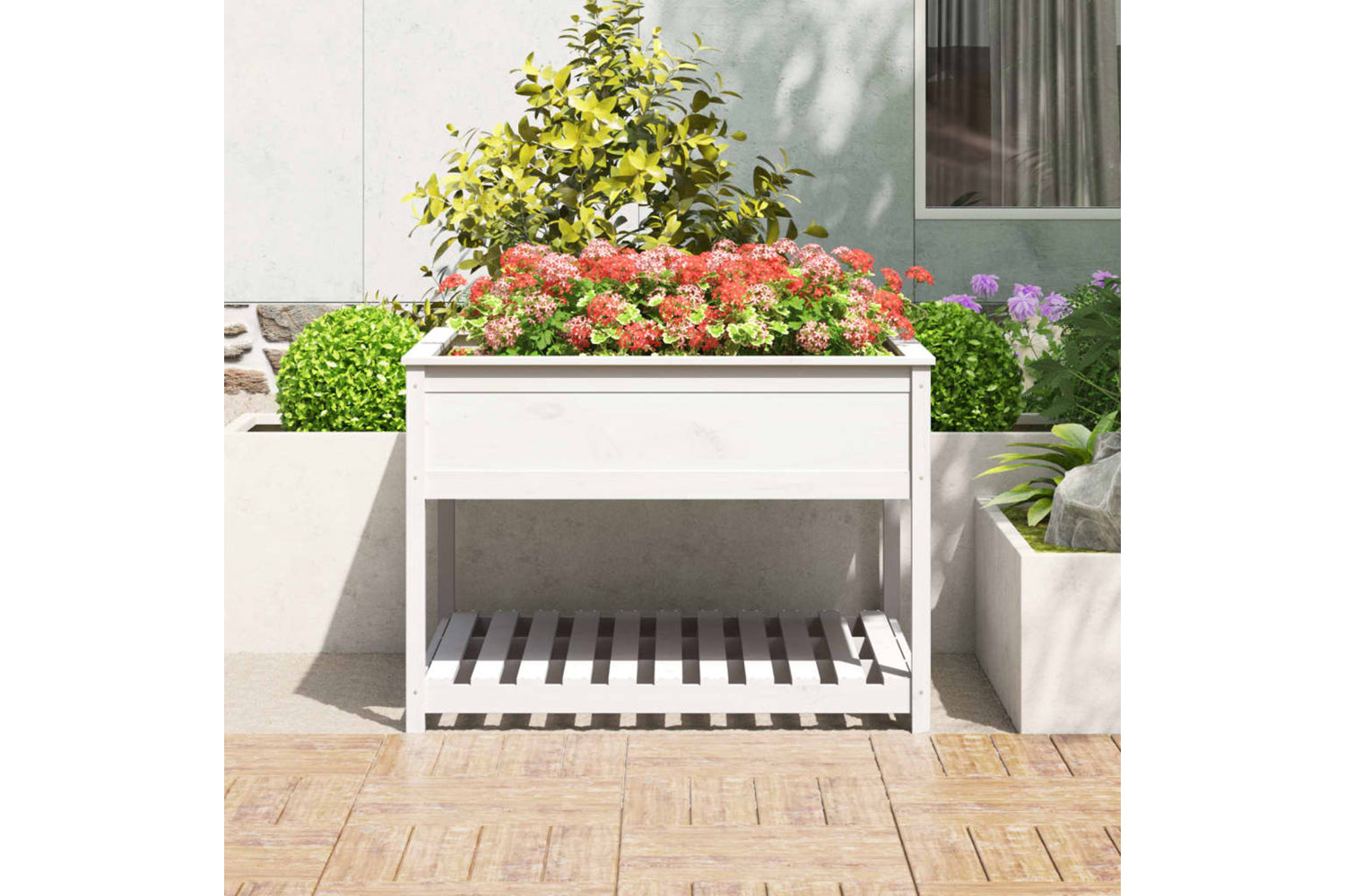 vidaXL 823802 Planter With Shelf White 111.5x111.5x81cm Solid Wood Pine-2