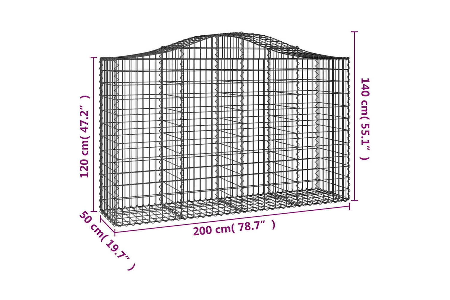 vidaXL 3145667 Arched Gabion Baskets 8 Pcs 200x50x120/140cm Galvanised Iron-5