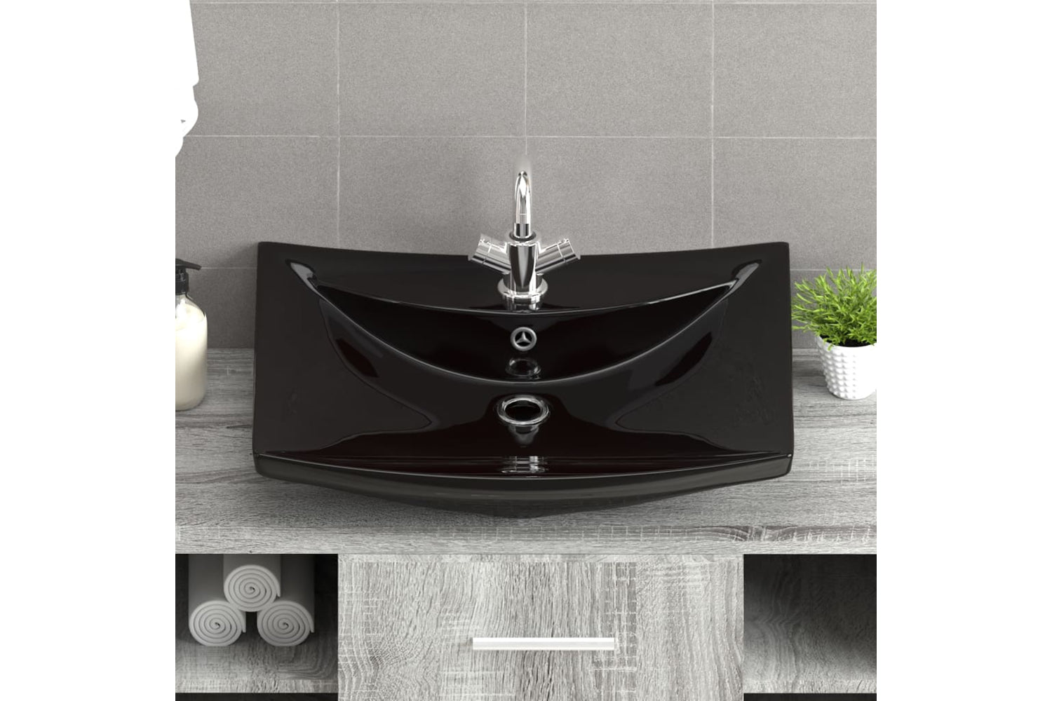 Vidaxl 140689 Black Luxury Ceramic Basin Rectangular With Overflow & Faucet Hole-6