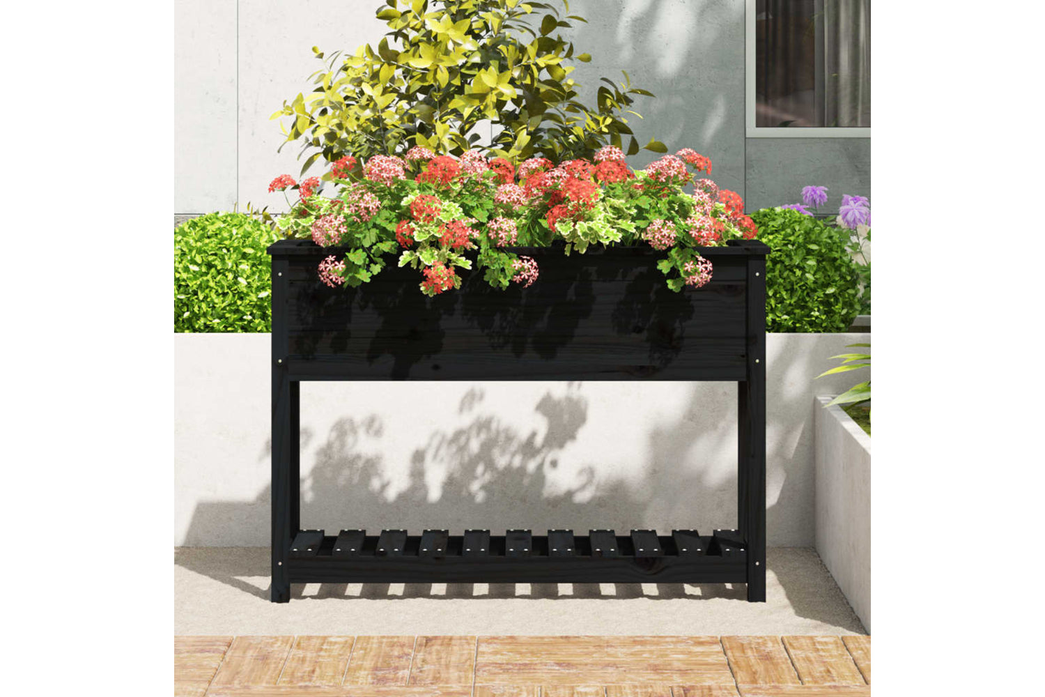 vidaXL 823770 Planter With Shelf Black 111.5x34.5x81cm Solid Wood Pine-2
