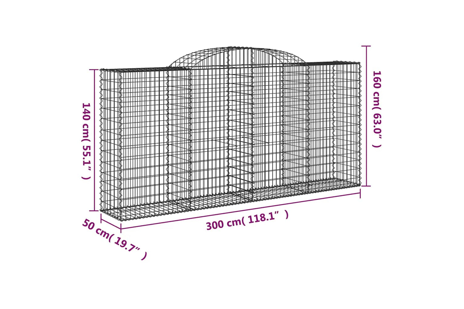 vidaXL 3146737 Arched Gabion Baskets 2 Pcs 300x50x140/160cm Galvanised Iron-5