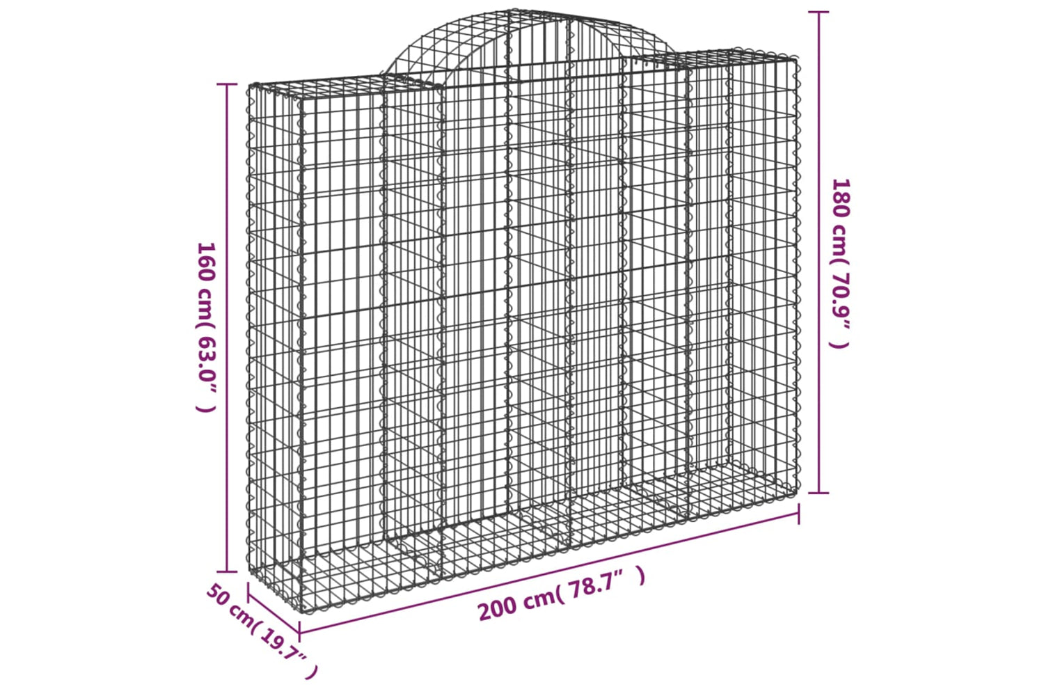 vidaXL 3146383 Arched Gabion Baskets 2 Pcs 200x50x160/180cm Galvanised Iron-5