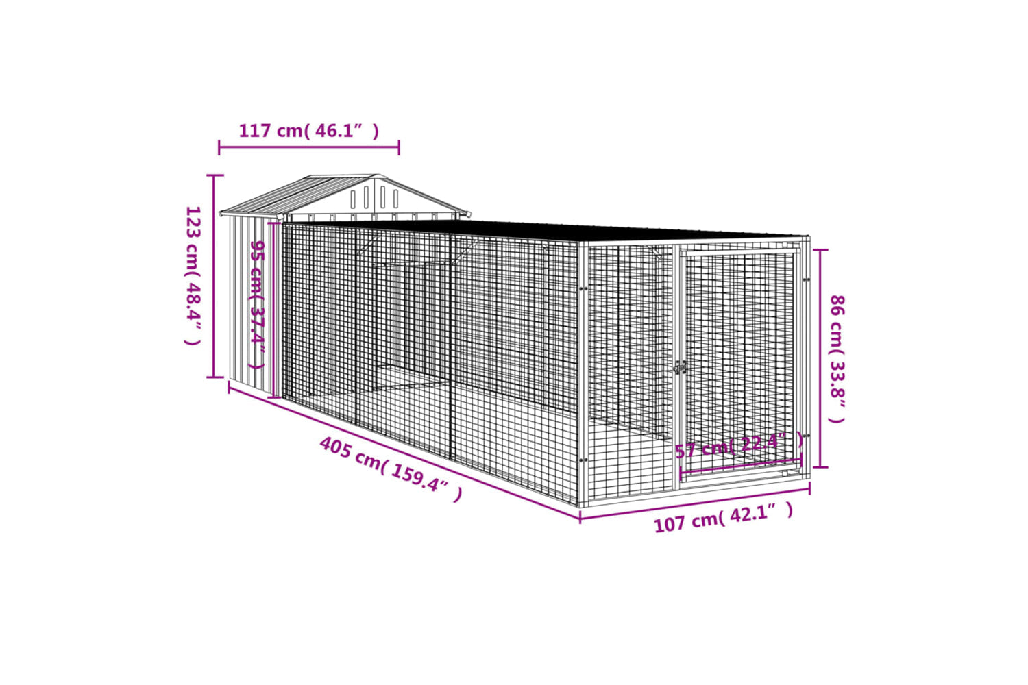 vidaXL 3189074 Chicken Cage With Run Light Grey 117x405x123cm Galvanised Steel-7