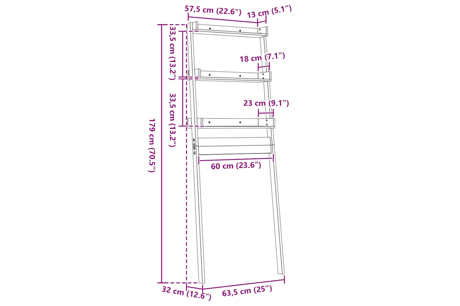 vidaXL 824654 Toilet Rack White 63.5x32x179cm Solid Wood Pine-7