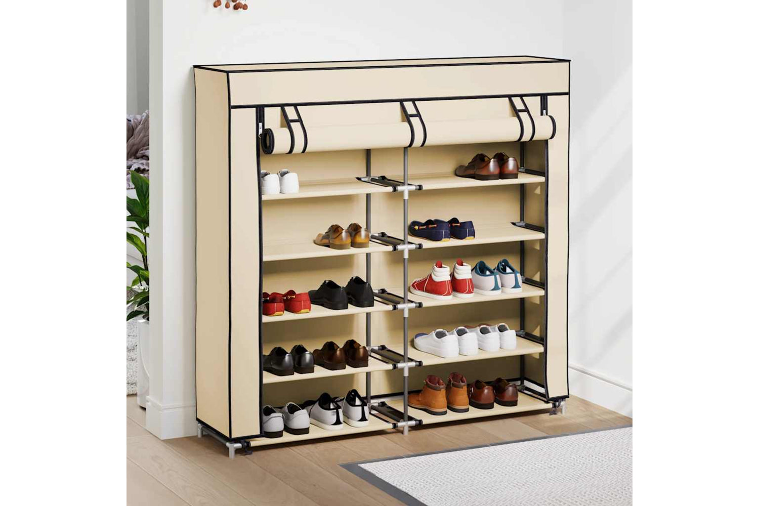 vidaXL 282433 Shoe Cabinet With Cover Cream 115x28x110cm Fabric-2
