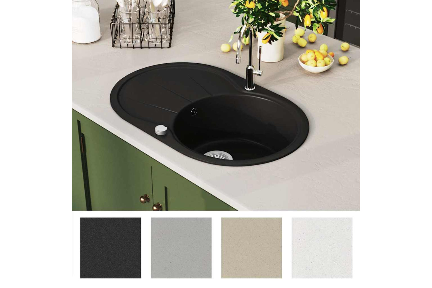 Vidaxl Granite Kitchen Sink Single Basin Oval Black-2