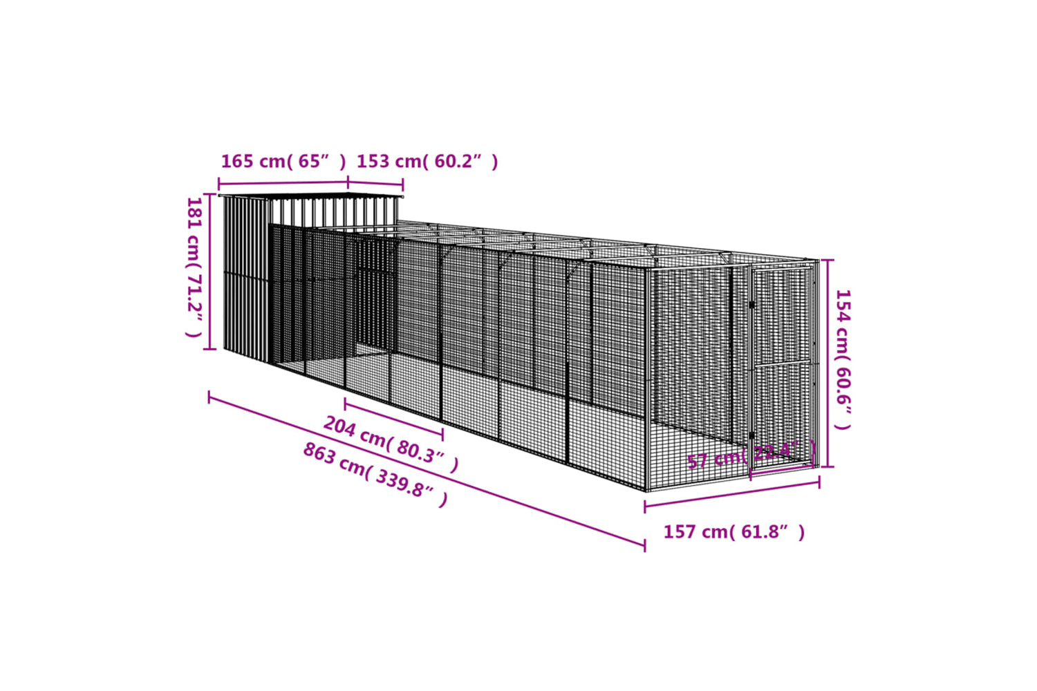vidaXL 3189101 Dog House With Run Anthracite 165x863x181cm Galvanised Steel-7