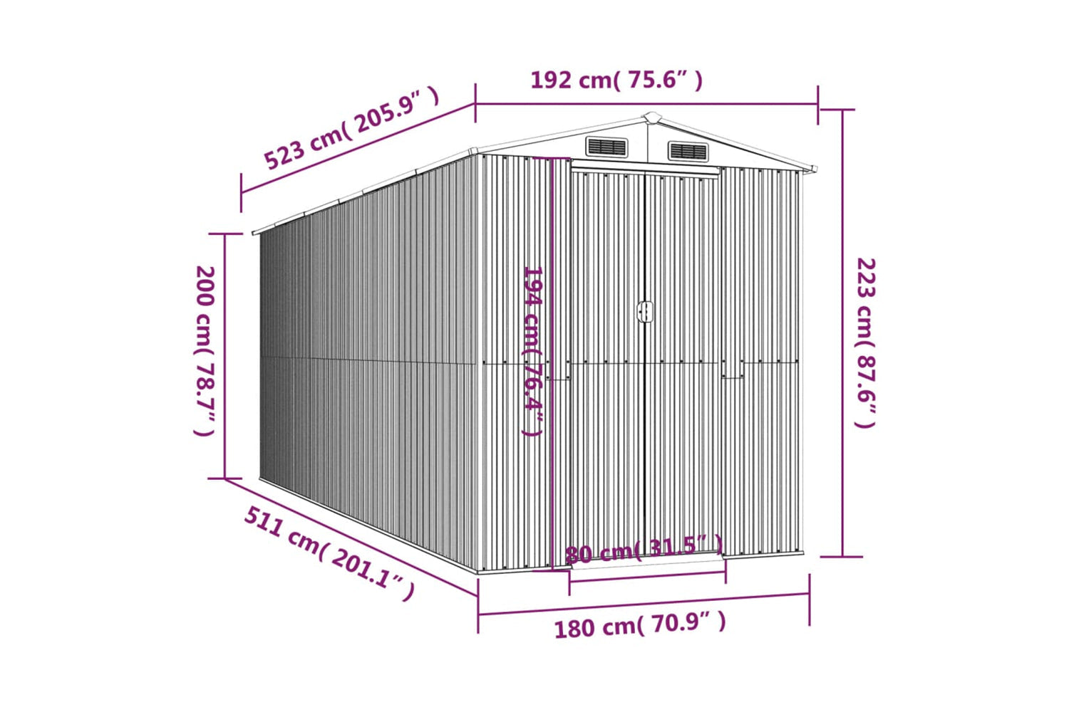 vidaXL 3147431 Garden Shed Green 192x523x223cm Galvanised Steel-7