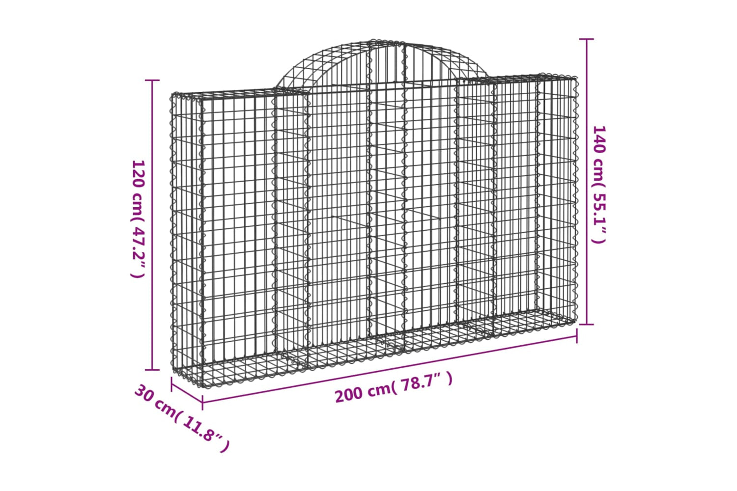 vidaXL 3146136 Arched Gabion Baskets 7 Pcs 200x30x120/140cm Galvanised Iron-5
