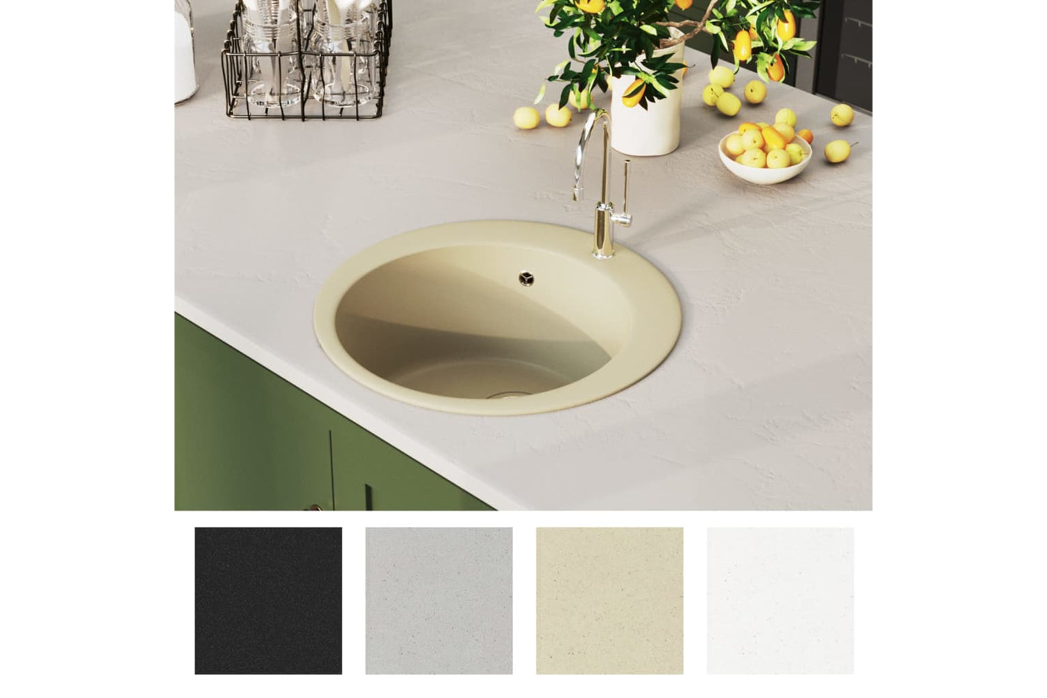 Vidaxl Granite Kitchen Sink Single Basin Round Beige-2