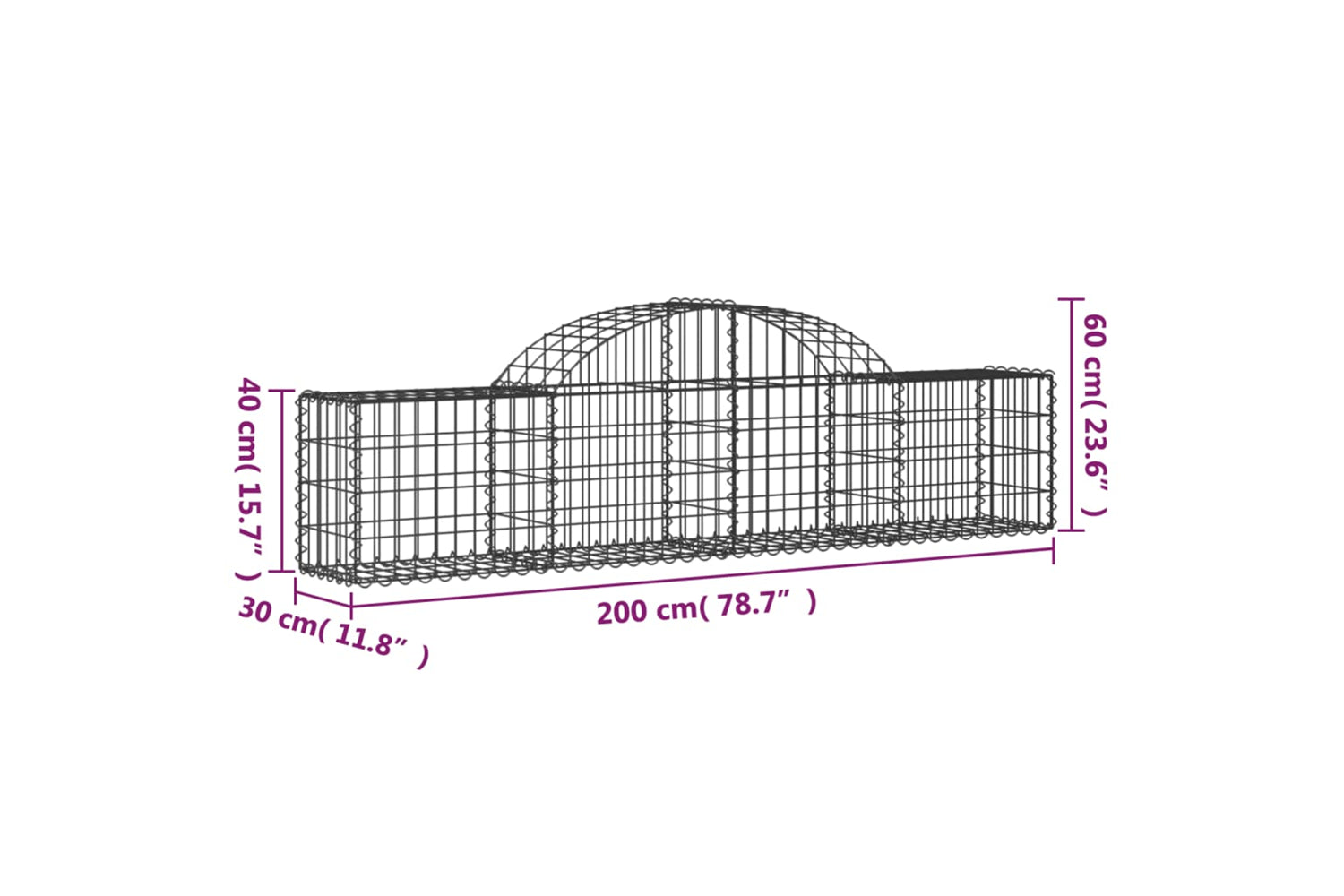 vidaXL 3146048 Arched Gabion Baskets 3 Pcs 200x30x40/60cm Galvanised Iron-5