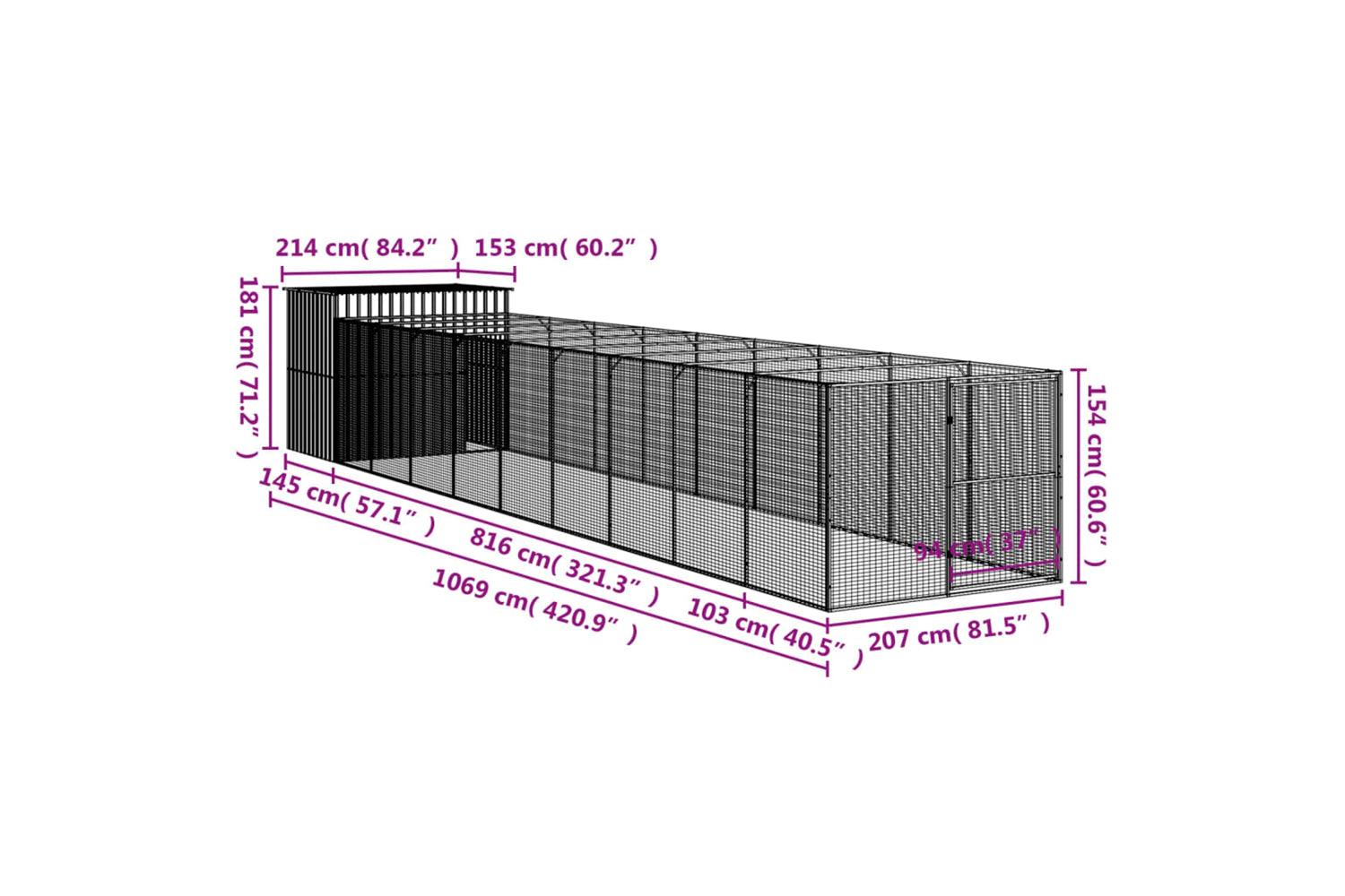 vidaXL 3189123 Dog House With Run Anthracite 214x1069x181cm Galvanised Steel-8